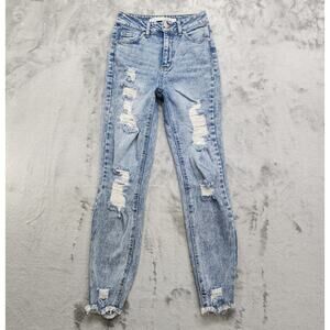Tinseltown Jeans Womens 3 Juniors Blue Destructed High Rise Mom Jean Distressed
